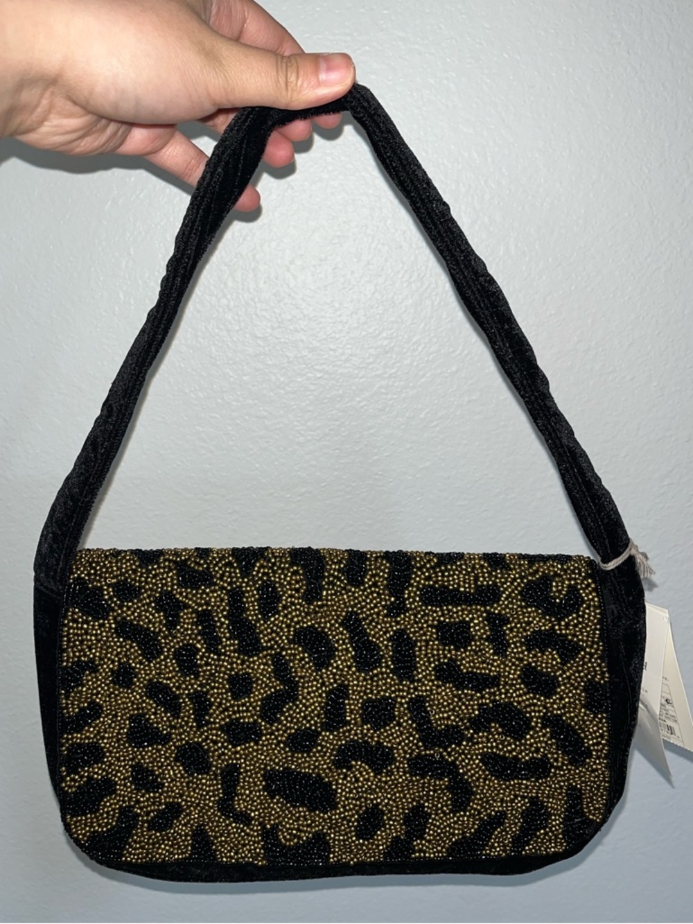 a new day Black and Gold Beaded Leopard-Print Shoulder Bag